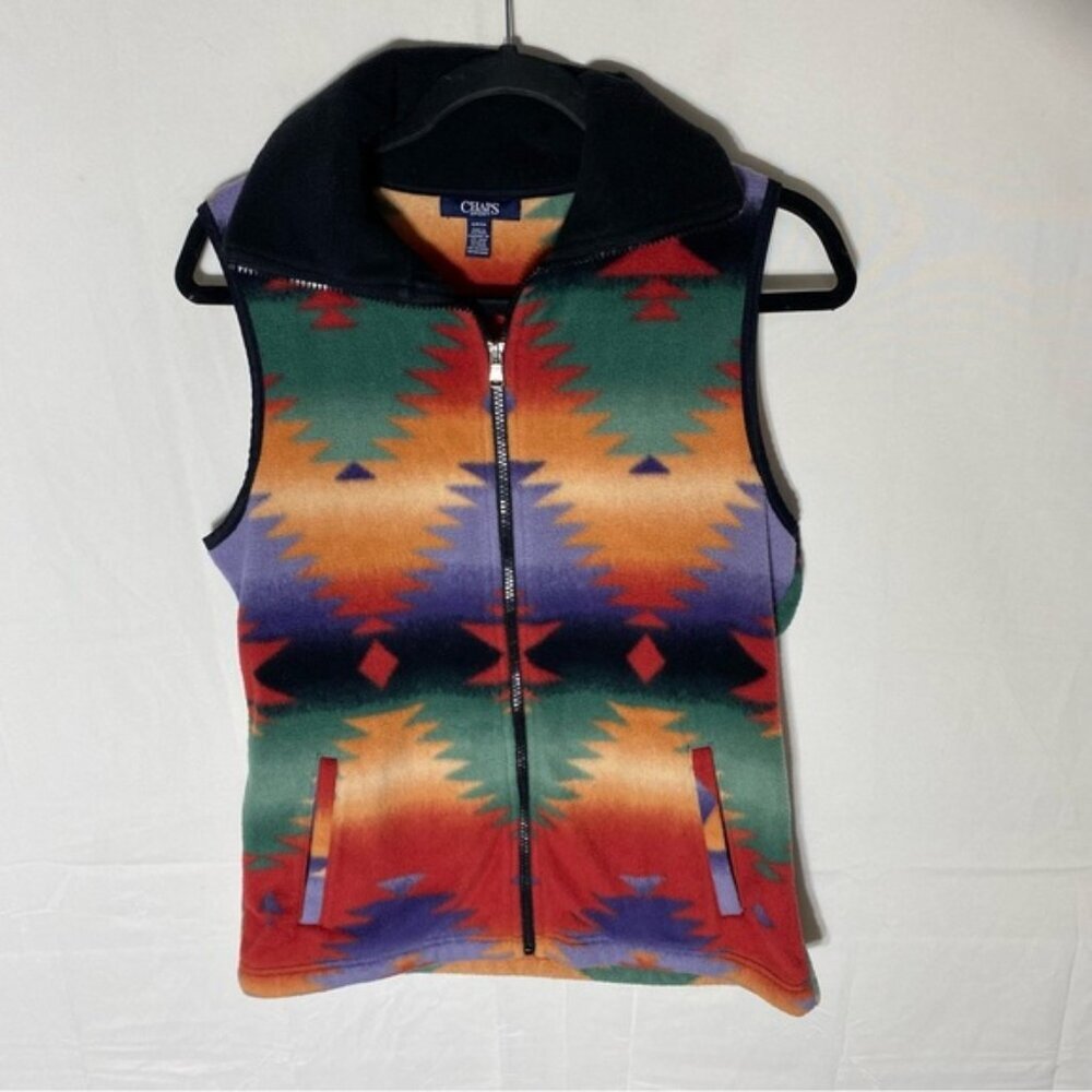 Vintage Y2K Chaps Red Orange Green Purple Southwestern Print Fleece Zip Vest S